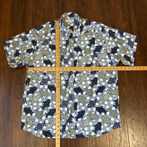 Vintage GUESS Shirt Blue Fish Floral All Over Print Button Up Cotton USA - Picture 11 of 11